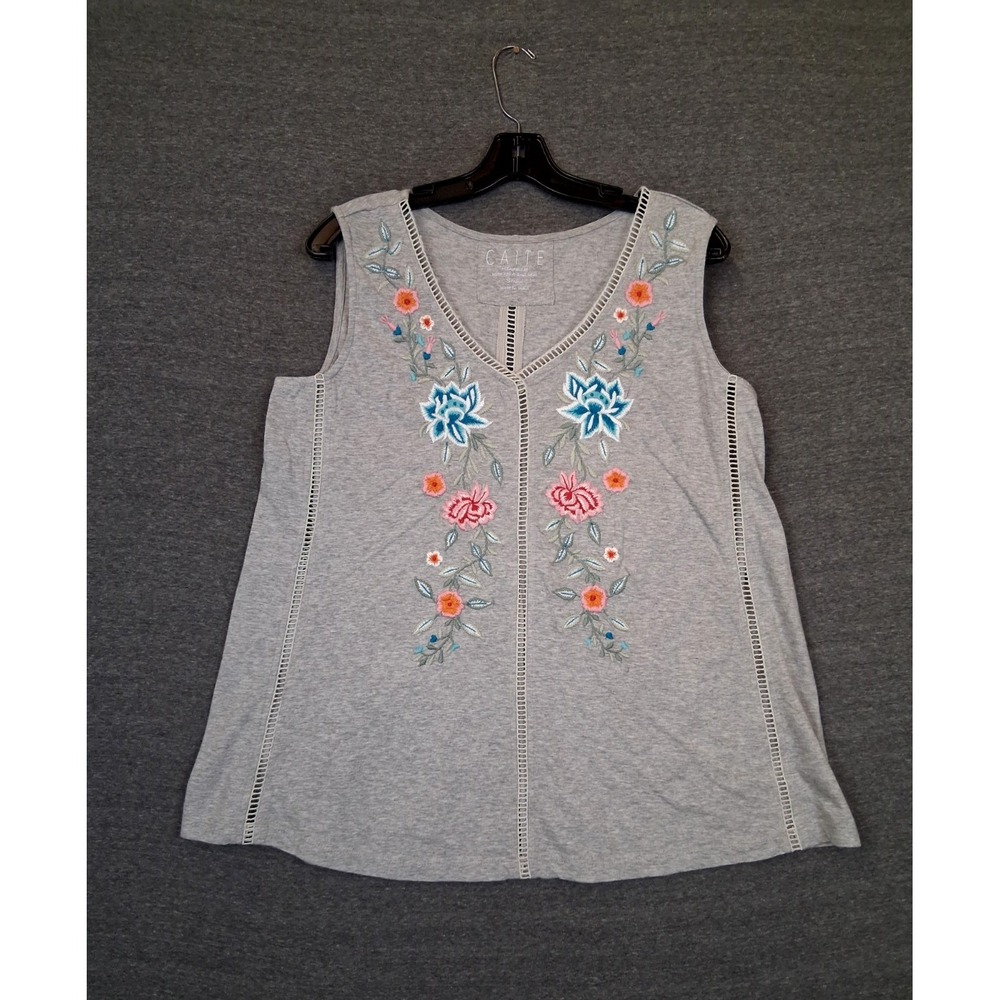 Caite Womens Shirt S Gray Embroidered Floral Botanical Handmade Casual Boho